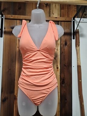 Ellen Tracy Coral Peach Textured V-Neck One-Piece Swimsuit